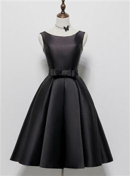 Picture of Black Color Satin Knee Length Round Neckline Party Dresses, Black Color Short Prom Dresses